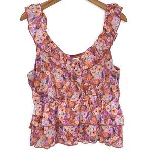 Versona Floral Ruffle Sleeveless Top in Orange & Purple